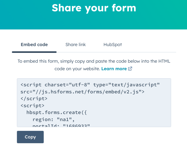 Copy HubSpot embed code